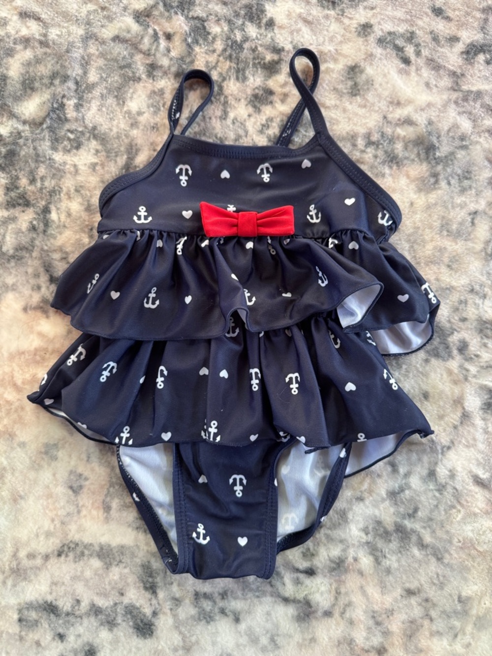 Navy Anchor Print Ruffle Baby One-Piece Swimsuit with Red Bow